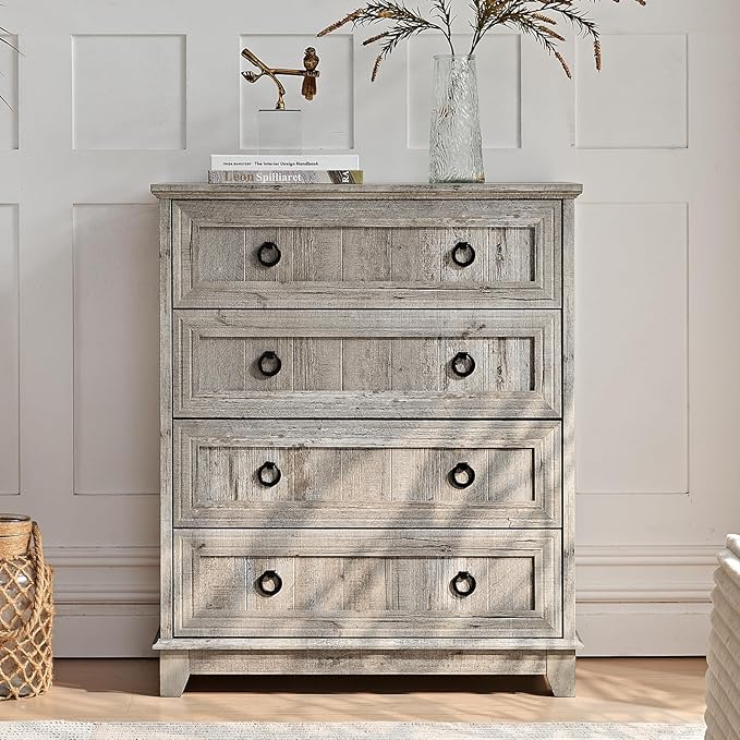 Farmhouse 4 Drawer Dresser for Bedroom Set of 2, 35" Tall Small Dressers & Chest of Drawers, Rustic Wood Dresser with Metal Handle, Storage Organizer Closet for Living Room, Hallway, Entryway