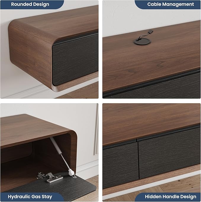 POVISON Fully-Assembled Minimalist Floating TV Stand, Modern Wall-Mounted Entertainment Center with 4 Flip-Down Cabinet Doors, Solid Wood Media Console, Walnut Veneer, 94"