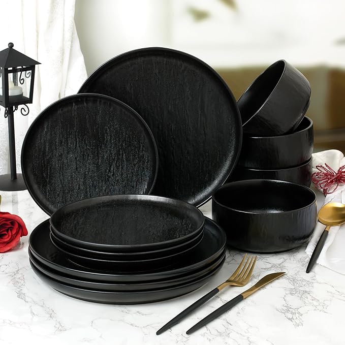 “Ari" 12-piece Stoneware Dinnerware Set with Protective Glaze Finish, Service for 4, Matt Black