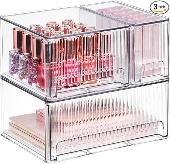 Clear Stackable Makeup Organizer, 3 Pack Plastic Drawer Storage with Handle for Vanity Bathroom Countertop, Transparent