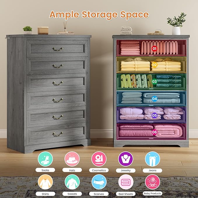 DICTAC Farmhouse 6 Drawers Dresser for Bedroom,51.2" Tall Rustic Wood Chest of Drawers,Large Storage Chest with Vintage Metal Handles, White Dresser for Bedroom,Closet,Hallway,Oak Grey