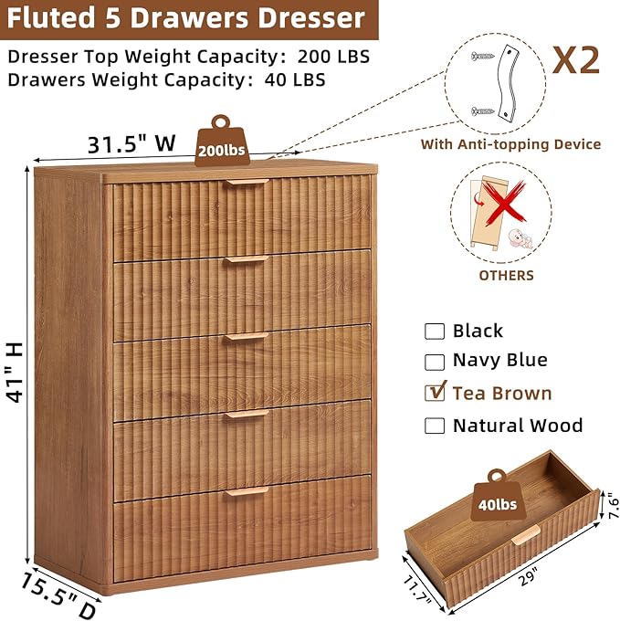 LEYAOYAO Fluted 5 Drawers Dresser for Bedroom, 41" Tall Modern Chest of Drawers with Metal Handle, Curved Profile Design,Brown Wood Drawer Organizer for Bedroom, Living Room, Hallway, Entryway