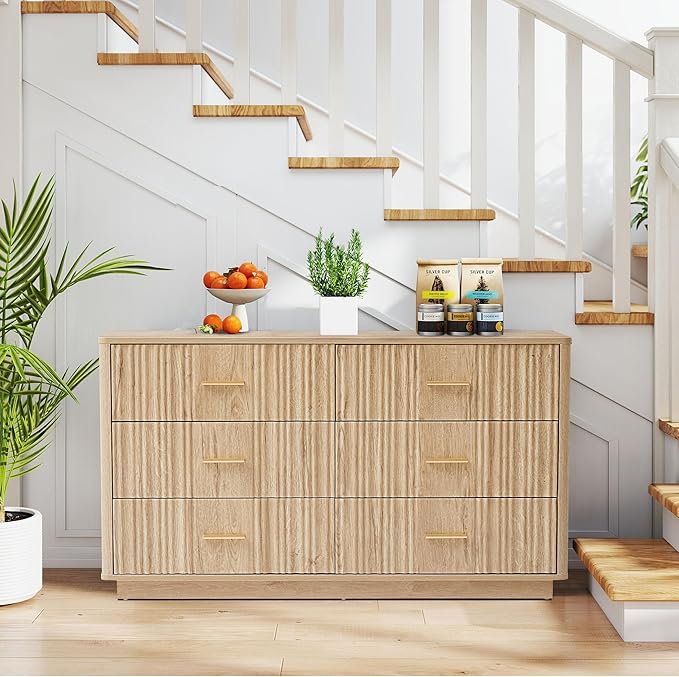 Fluted Double Dresser for Bedroom with 6 Drawers,47" Wide Modern Chest of Drawers,Curved Profile Wood Storage Dressers TV Stand,Wooden Closet Clothes Storage Organizer for Living Room Hallway, Natural