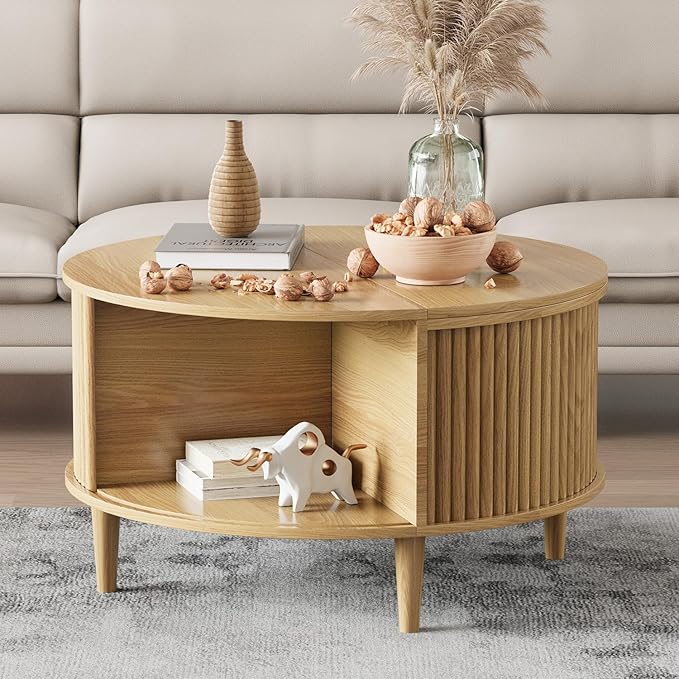 Round Coffee Table with Storage, Fluted Lift Top Coffee Table for Living Room, 31.5" Mid Century Modern Center Table with Sliding Cabinet Door, Natural Oak
