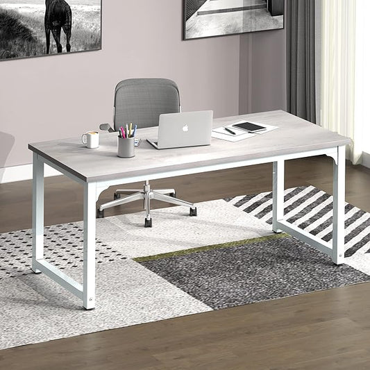 NSdirect 63" Large Computer Desk,Modern Simple Style PC Table Office Desk Wide Workstation for Study Writing,Gaming and Home Office,Extra 1" Thicker Wooden Tabletop and Black Metal Frame,Stone White