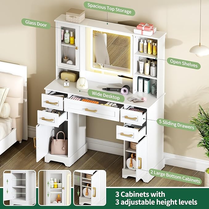 Makeup Vanity Desk with Mirror and Lights - 55.2in Vanity Table with 5 Drawers & Adjustable Cabinets, Large Makeup Vanity, Wood Farmhouse Dressing Table White Vanity Desk for Bedroom, 3 Lighting Modes