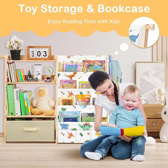 Kids Bookshelf and Toy Storage Organizer Wooden 2 in 1 Toddler Bookcase-4 Tier Book Shelf with Toy Box for Kids Room,Nursery,Playroom