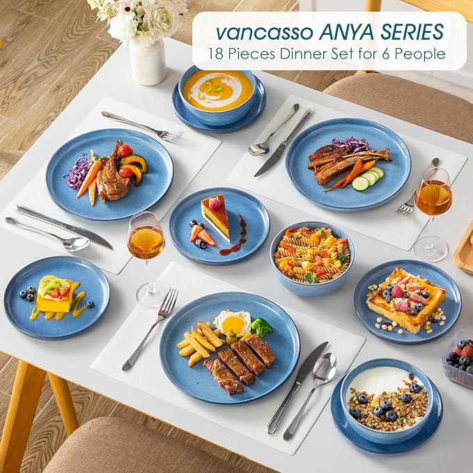 vancasso ANYA 18 Pieces Plates and Bowls Set, Blue Dinnerware Sets, Reactive Glaze Dishes Set for 6, Ceramic Dishware Sets Kitchen Dinner Set, Microwave & Dishwasher Safe