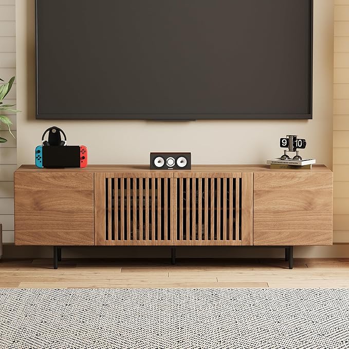 70.87″ Mid Century Modern Walnut TV Stand with Grille Doors, Storage Cabinets,Entertainment Center for TVs Up to 80",Media Console for Living Room or Bedroom