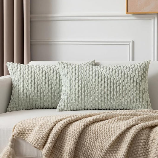 Kevin Textile Pack of 2 Corduroy Decorative Throw Pillow Covers 12x20 Inch Spring Soft Boho Striped Pillow Covers Modern Farmhouse Home Decor for Spring Sofa Living Room Couch Bed Light Green