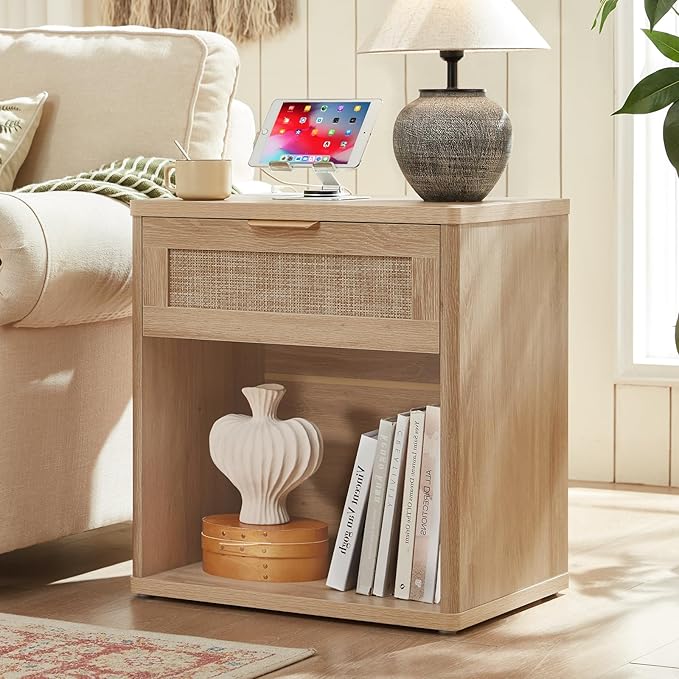 LEYAOYAO Rattan Nightstand with Charging Station, 23" Wide Boho Night Stand with Drawer, Natural Wood Bedside Table Open Storage Cabinet, Bed Side End Tables Dresser for Bedroom, Living Room, Hallway