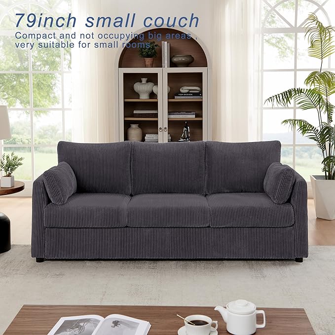 79 inch Sofa for Living Room,Mid Century Modern Couch with Big Pockets, Corduroy Couch with Three Cushions and Solid Wood Frame for Apartment and Small Spaces (Grey, Sofa)