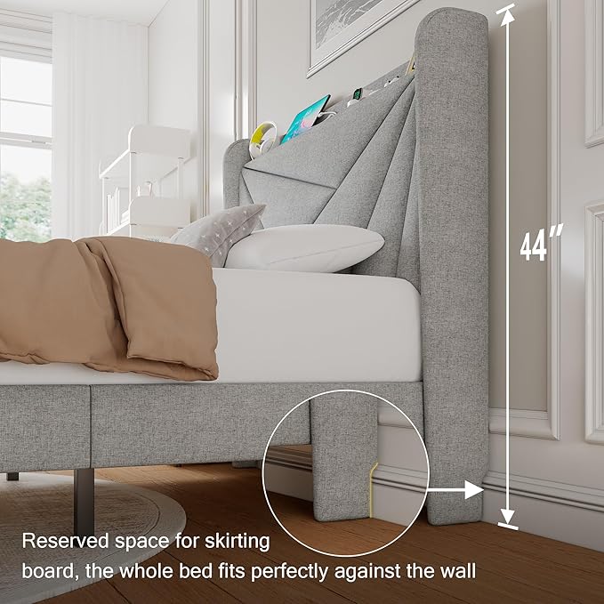 Twin Size Upholstered Bed Frame with Charging Station, Platform Bed Frame with Storage Headboard, Solid Wood Slats Support, No Box Spring Needed, Light Gray