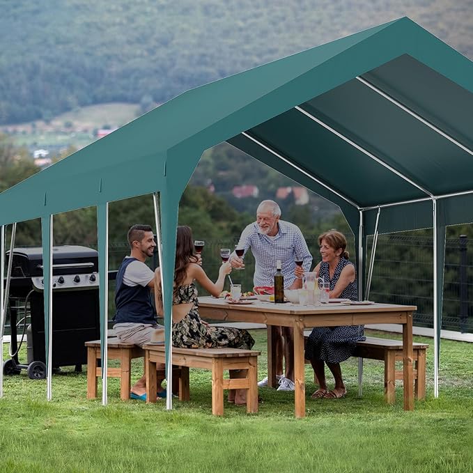 12x20FT Heavy Duty Carport Canopy with Sturdy Frame, Portable Waterproof and UV-Resistant Garage Shelter, Adjustable Height for Car, Boat, Outdoor Storage and Parties Green
