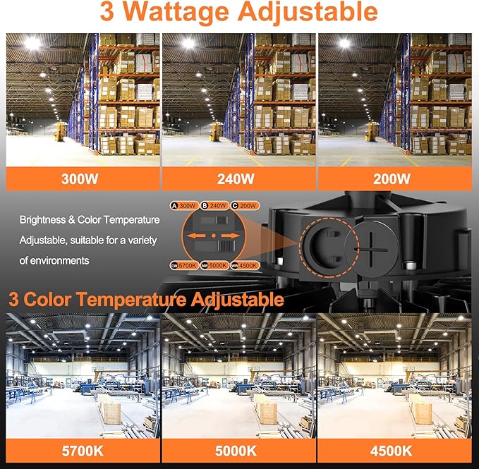 6Pack LED High Bay Lights, 300W UFO High Bay LED Shop Lights, 45000LM Adjustable CCT(5700K 5000K 4500K) & Power(300W 240W 200W), 0-10V Dimmable, 5' Cable Plug, IP65 Waterproof, ETL & DLC Listed
