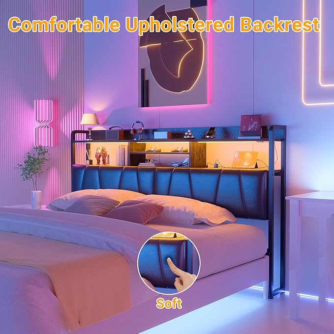 Unikito Headboard for King Size Bed Frame, Upholstered Head Board with Outlets, USB Ports and LED Light, Comfortable Leather Headboards with Storage Shelf, Sturdy King Bed Headboard Only, Black Oak