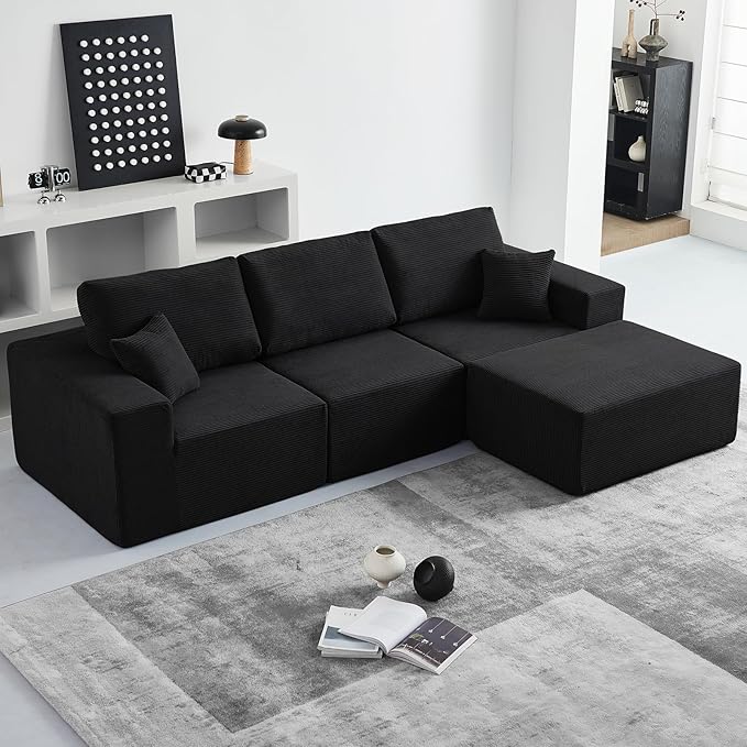 INGEROOM 108" Cloud Sectional Couch, Modular Sectional Sofa with L-Shaped Chaise, Modern Plush Corduroy Couch for Living Room Bedroom（Black）