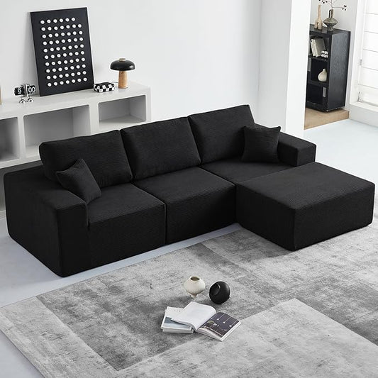 INGEROOM 108" Cloud Sectional Couch, Modular Sectional Sofa with L-Shaped Chaise, Modern Plush Corduroy Couch for Living Room Bedroom（Black）