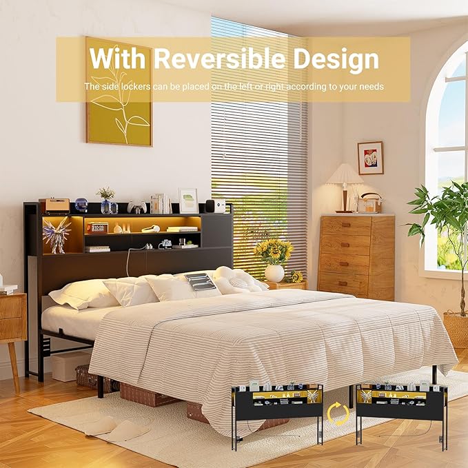 Unikito Headboard for Queen Size Bed, Bookcase Style Head Board with Power Outlet and RGB LED Light, Reversible Headboard with Storage, Height Adjustable, Sturdy and Stable, Queen Size, Black