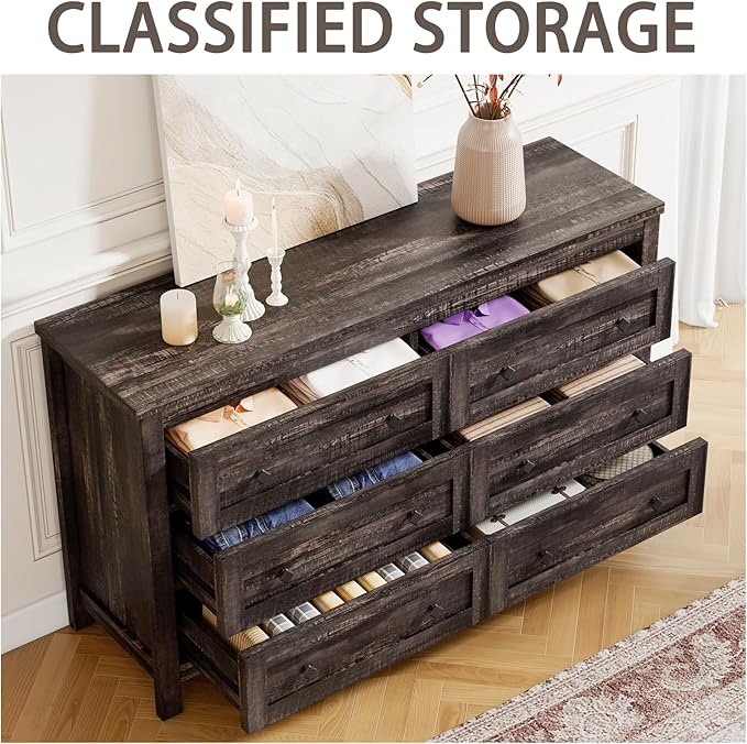 Farmhouse 6 Drawers Dresser, Wood Rustic Chest of Drawer for Bedroom, Closet Storage Dressers Organizer, 6 Drawers Chest for Living Room, Hallway, Dark Rustic Oak