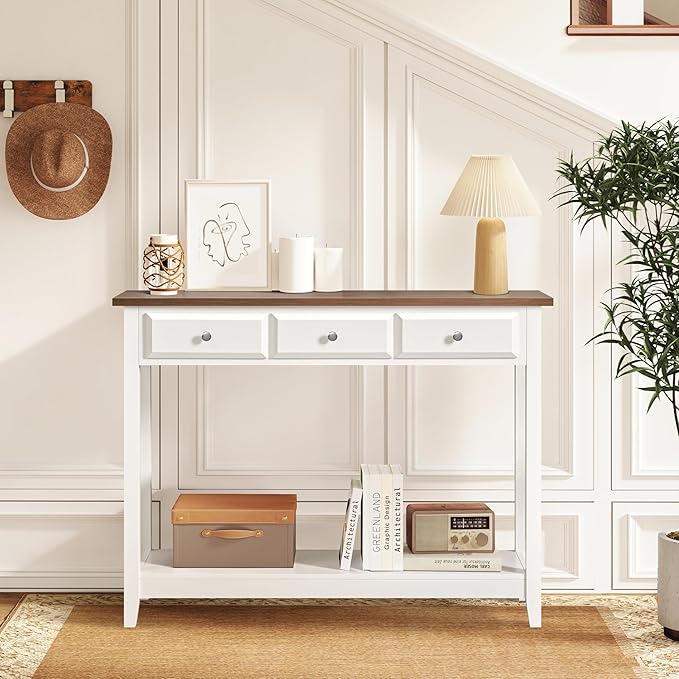 Yaheetech Farmhouse Console Table with 3 Drawers, Modern Wood Entryway Table, Narrow Long Sofa Table with Storage Shelf for Hallway, Living Room, Front Hall, Foyer, Rustic Vintage, White & Brown