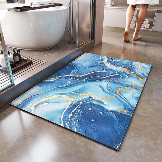 Non Slip Bath Mat Ultra Thin Bathroom Rug Fit Under Door, Rubber Backing Quick Dry Super Absorbent Washable Shower Bath Mats Blue 24x36