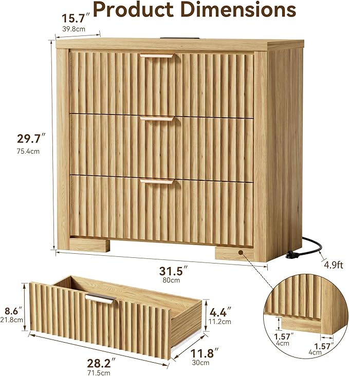 Fluted Dresser for Bedroom, 32 Inch Wide 3 Drawer Dresser with Charger Station for Bedroom Living Rooms Offices, Natural Oak