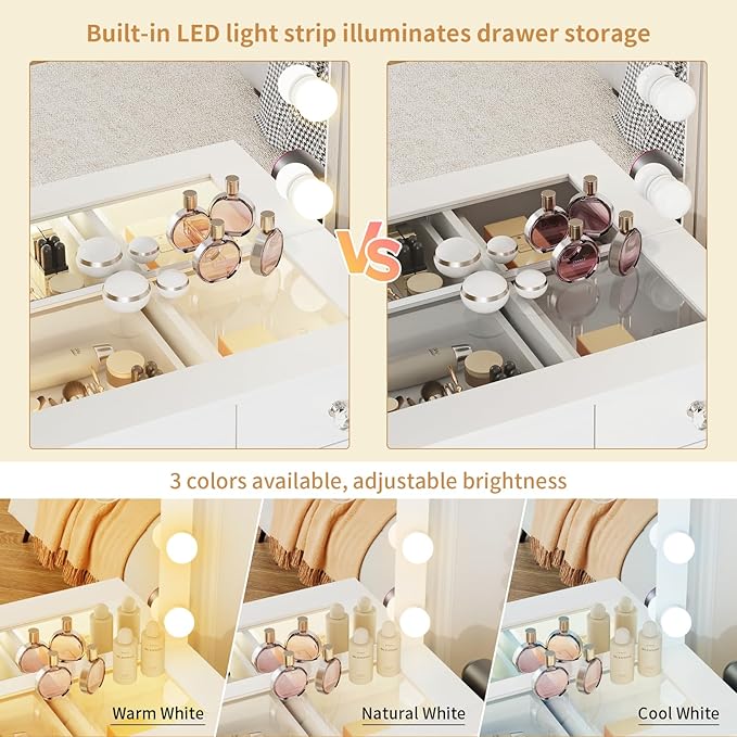 VOWNER Vanity with Lighted Mirror - Glass Top Makeup Vanity Desk with Lights and 11 Drawers, 3 Color Lighting Modes Adjustable Brightness, 46" Makeup Desk with Soft Cushioned Stool for Bedroom, White