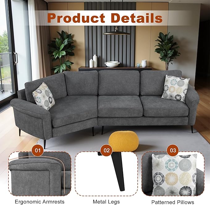 111" Sectional Couch, Upholstered Curved Sofa Couch with Two Printed Pillows, Sectional Couches for Living Room and Office, Charcoal Grey