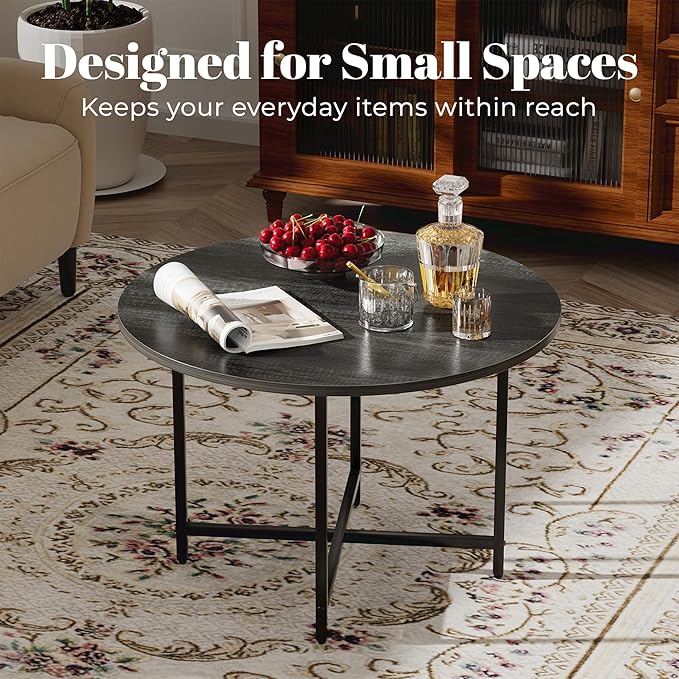 Round Coffee Table, Small Coffee Tables for Living Room, Wood Coffee Table with Metal Frame, Floor Table Desk for Sitting on The Floor, Home, Office, Farmhouse, Dark Gray (23.6" D x 17.7" H)