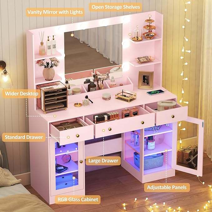 Large Vanity Desk with Mirror and Lights, Makeup Vanity with Mirror and LED Lights, RGB Cabinet & 3 Drawers, Makeup Desk with Storage Shelves, 3 Color Modes Dressing Table for Girls Bedroom, Pink