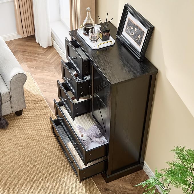 LIDYUK 5 Drawer Black Dresser for Bedroom Farmhouse Dresser Chest of Drawers, 48" Tall Clothes Organizer with Storage Cabinet Wood Chest of Drawers for Bedroom, Living Room
