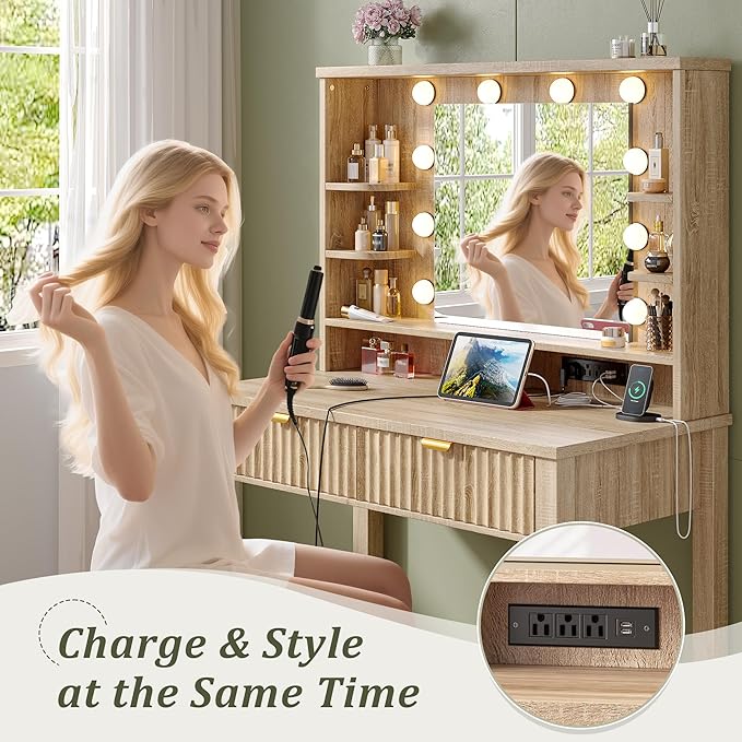 Vanity Desk with HD Mirror and 3-Color Adjustable Lights, Fluted Makeup Vanity with Storage Stool, 2 Large Drawers & Charging Station, Small Vanity for Women's Bedroom, Dressing Room, Oak
