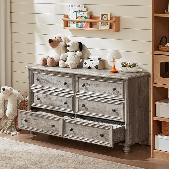 Farmhouse Dressers & Night Stand Set of 3, Wood 54" Wide Dresser & 45" Tall Chest of Drawers, 18" Roman Column Nightstand, Bedroom Furniture 6 Drawer Dresser Set for Bedroom Home Living Room Hallway