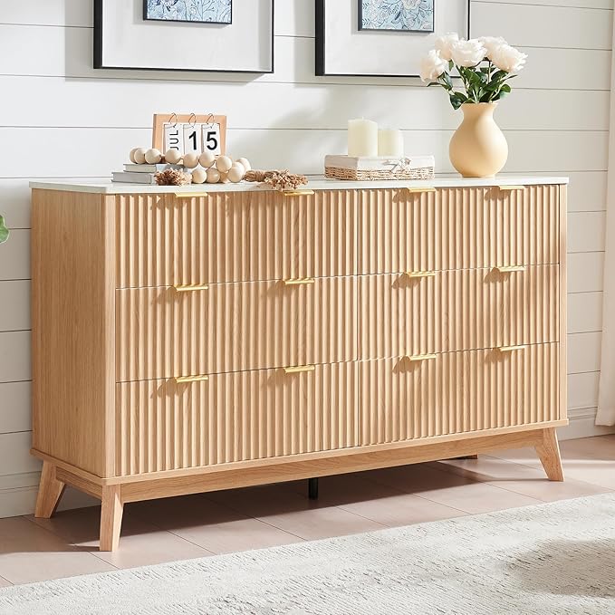 Fluted 6 Drawers Dresser for Bedroom, 55" Wide Modern Chest of Drawers with Metal Handle, Farmhouse Dresser TV Stand, Wood Drawer Organizer for Bedroom, Living Room, Hallway (Natural Oak)