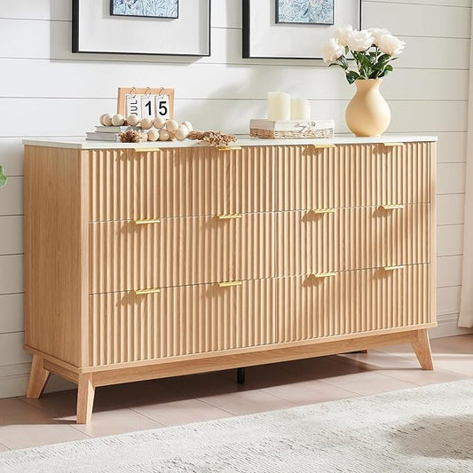 Fluted 6 Drawers Dresser for Bedroom, 55" Wide Modern Chest of Drawers with Metal Handle, Farmhouse Dresser TV Stand, Wood Drawer Organizer for Bedroom, Living Room, Hallway (Natural Oak)