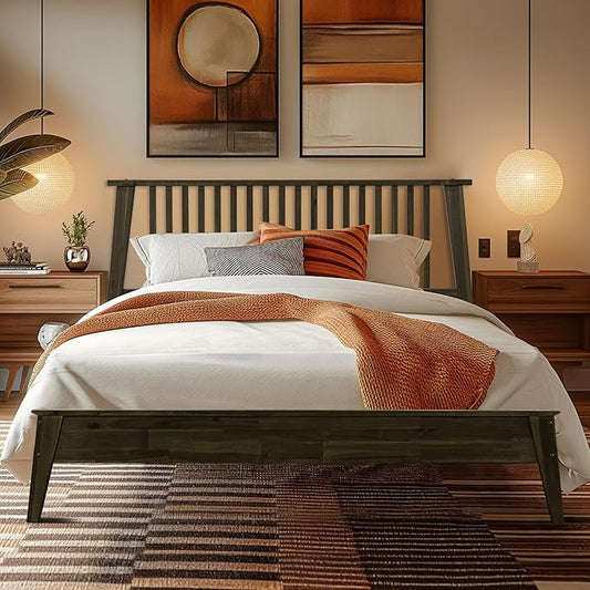 Acacia Kaylin Bed Frame Queen Size with Headboard Solid Wood Platform Bed, Mid Century Wood Bed Compatible with All Mattress Types, Non-Slip Noise-Free, Easy Asssembly, Mocha.