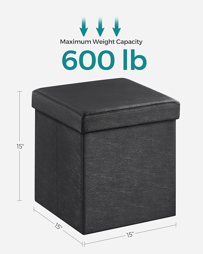 SONGMICS MAZIE Collection - 15 Inches Ottoman with Storage, Footstool, Storage Ottoman, Load 660 lb, for Dorm, Living Room, Bedroom, Synthetic Leather, Black ULSF101