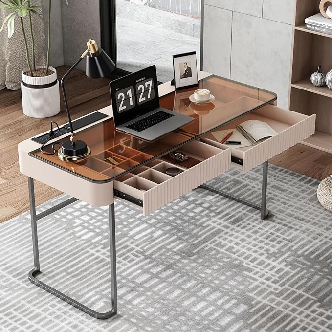 Lartis Home Office Desk Computer Desk Pale Pink Writing Desk - Makeup Vanity no Mirror Intelligent Socket with USB Port Compartmentalized Storage