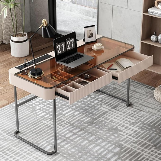 Lartis Home Office Desk Computer Desk Pale Pink Writing Desk - Makeup Vanity no Mirror Intelligent Socket with USB Port Compartmentalized Storage