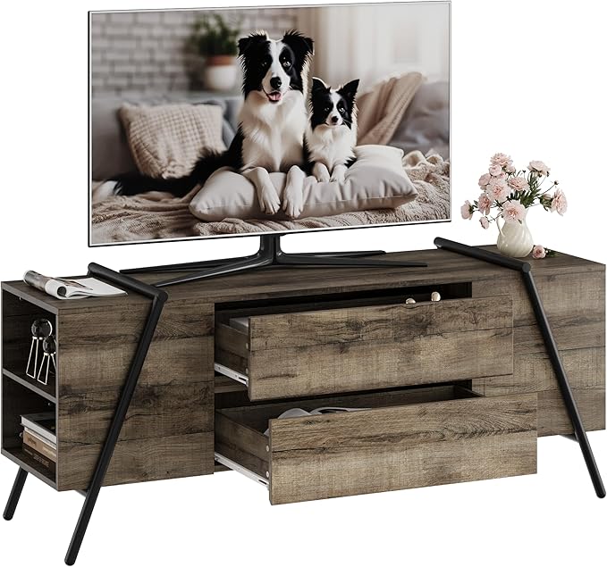 GarveeHome 55" Modern TV Stand, Entertainment Center with 2 Drawers, Adjustable Shelves, U-Shaped Metal Legs, Farmhouse Wooden TV Console for Living Room and Bedroom, Oak
