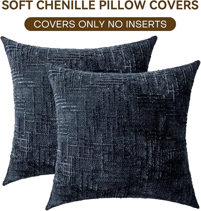 Decorative Throw Pillow Covers 22x22 Inch Set of 2, Soft Solid Farmhouse Chenille Couch Pillows, Spring Pillow Covers for Couch Sofa Bed Living Room Home Decor Pillowcase, Dark Blue