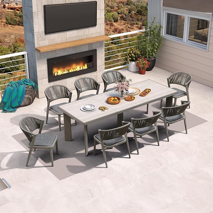 PURPLE LEAF 8-Piece Patio Dining Set Outdoor Furniture Rectangular Table and Chairs Set with Aluminum Frame and Wicker Rattan for Garden Deck Backyard Kitchen Gray Outdoor Set