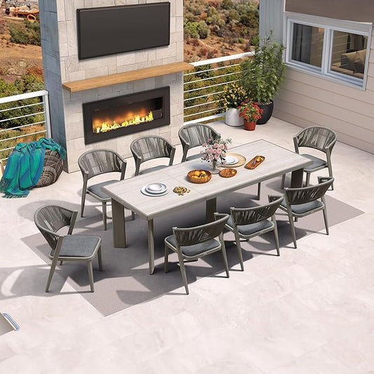 PURPLE LEAF 8-Piece Patio Dining Set Outdoor Furniture Rectangular Table and Chairs Set with Aluminum Frame and Wicker Rattan for Garden Deck Backyard Kitchen Gray Outdoor Set