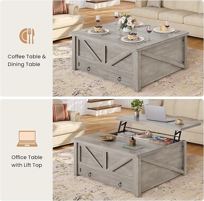 Itaar Wooden Coffee Table, Lift Top Coffee Table with Storage, Square Coffee Tables with Drawers and Hidden Compartment, Center Table for Living Room, Home Office, Grey