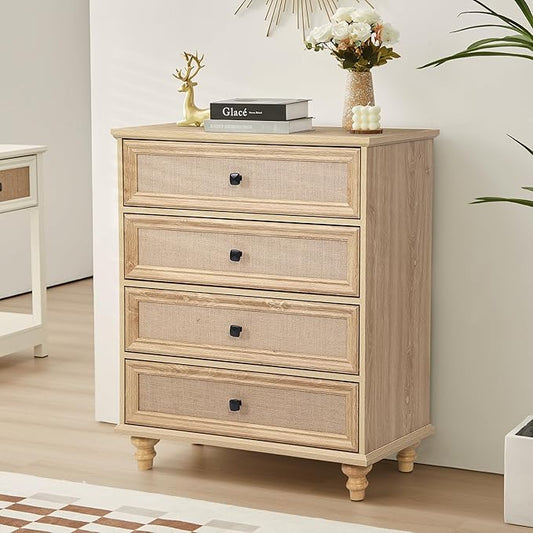 ORRD 4 Drawer Dresser for Bedroom, Mid Century Modern Wide Wood Rustic Chest of Drawers Wooden Storage Organizer Dressers with Burlap Rattan Drawers for Living Room, Hallway Closet, Entryway, Natural