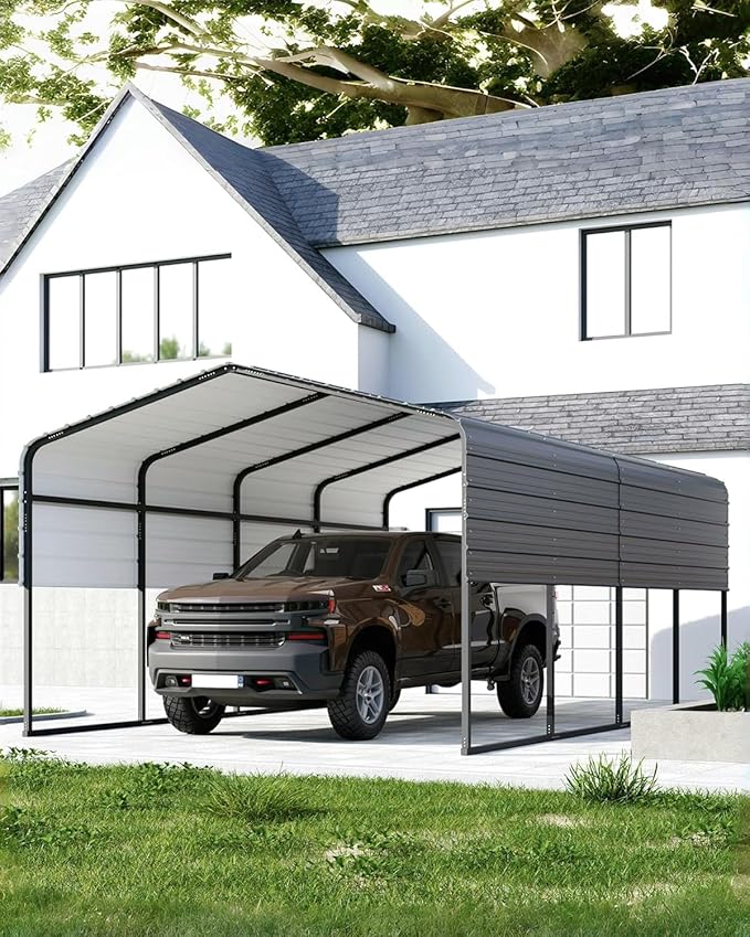 Metal Carport, 13x21 FT Outdoor Car Port Canopy with Galvanized Steel Roof and Reinforced Base, Heavy Duty Garage Car Shelter Shade for SUV, Truck, Boats