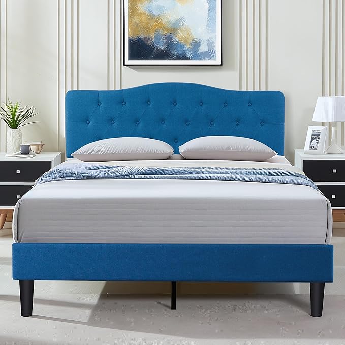 VECELO Full Size Platform Bed Frame with Fabric Upholstered Headboard and Wooden Slats Support, No Box Spring Needed/Easy Assembly,Blue