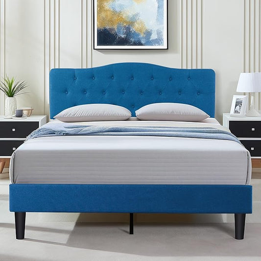 VECELO Full Size Platform Bed Frame with Fabric Upholstered Headboard and Wooden Slats Support, No Box Spring Needed/Easy Assembly,Blue