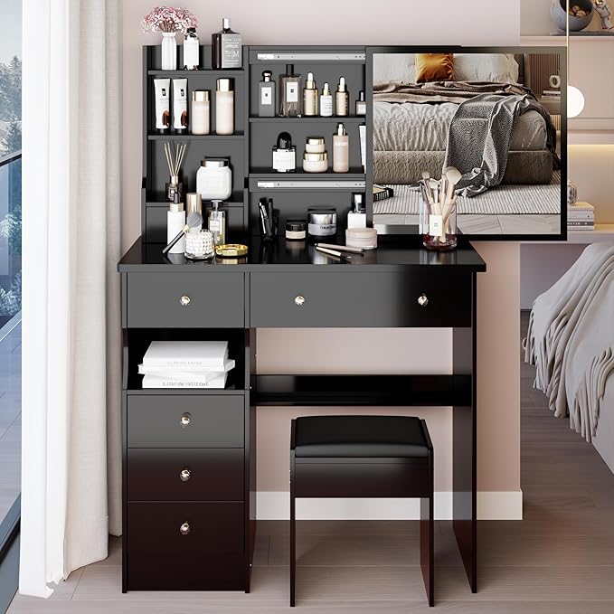 37" Vanity Desk with Mirror, Makeup Table with Sliding Mirror, Dressing Table with Multi Layer High Capacity Storage, Vanity Set with 6 Drawers and Stool for Bedroom, Black